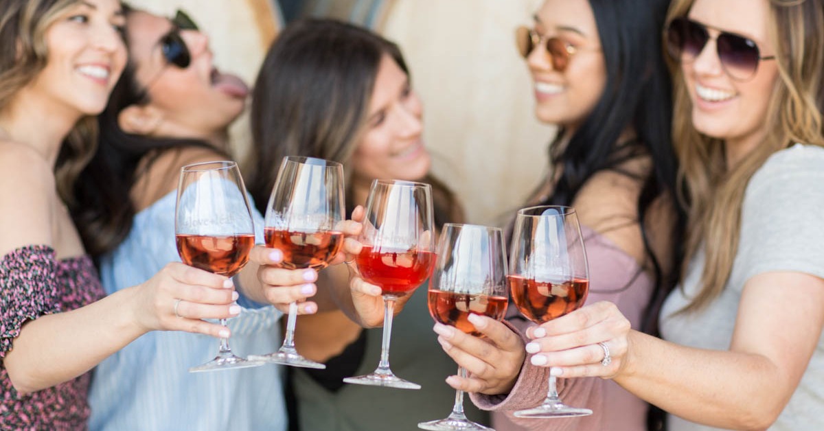 Group of friends toasting wine glasses enjoying wine tasting Hollister CA at a vineyard