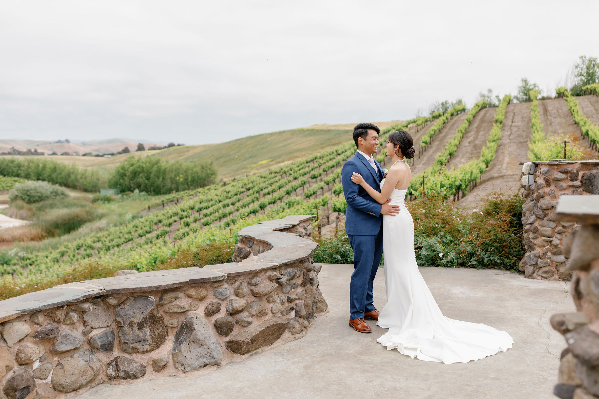 Romantic couple portrait at a scenic winery in Hollister CA surrounded by rolling vineyards