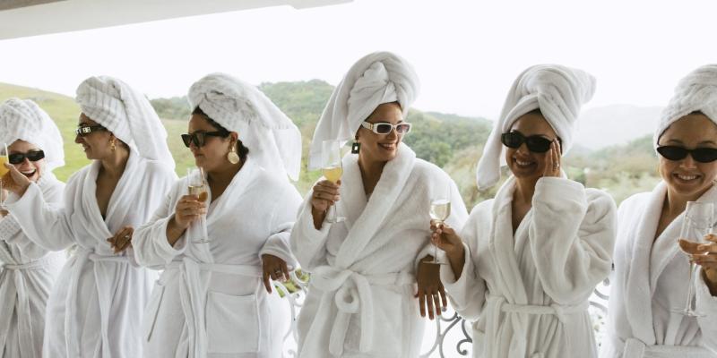 Bridal party relaxing together at a Morgan Hill–area wedding venue with on-site accommodations before the ceremony