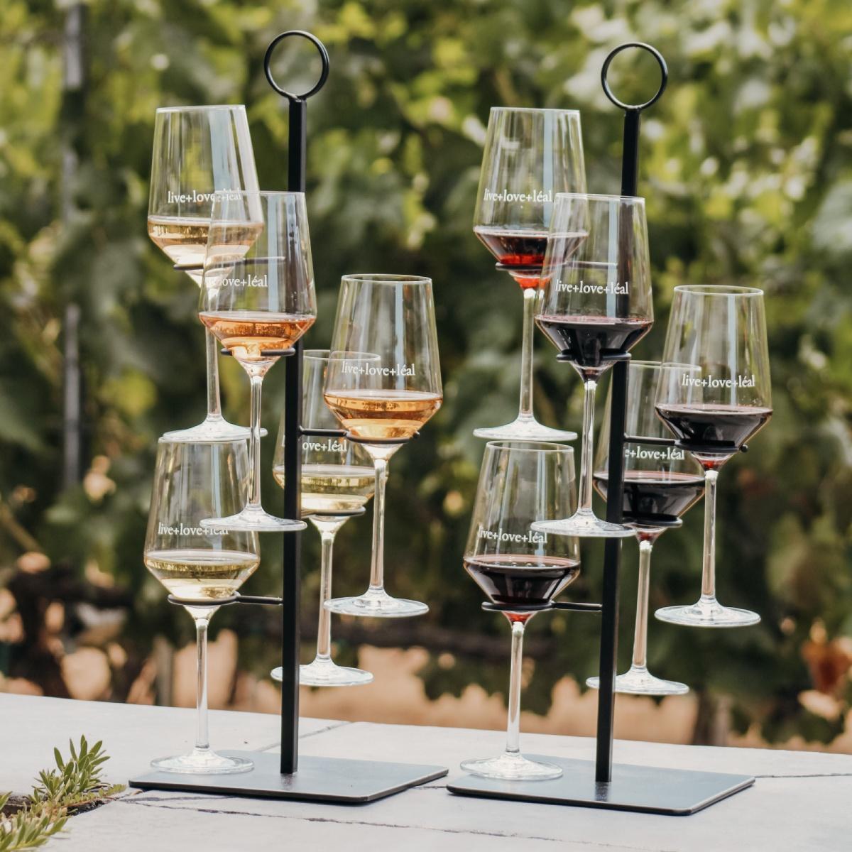Wine tasting flight at MOHI Ranch in Morgan Hill, California featuring red and white wines overlooking vineyard rows